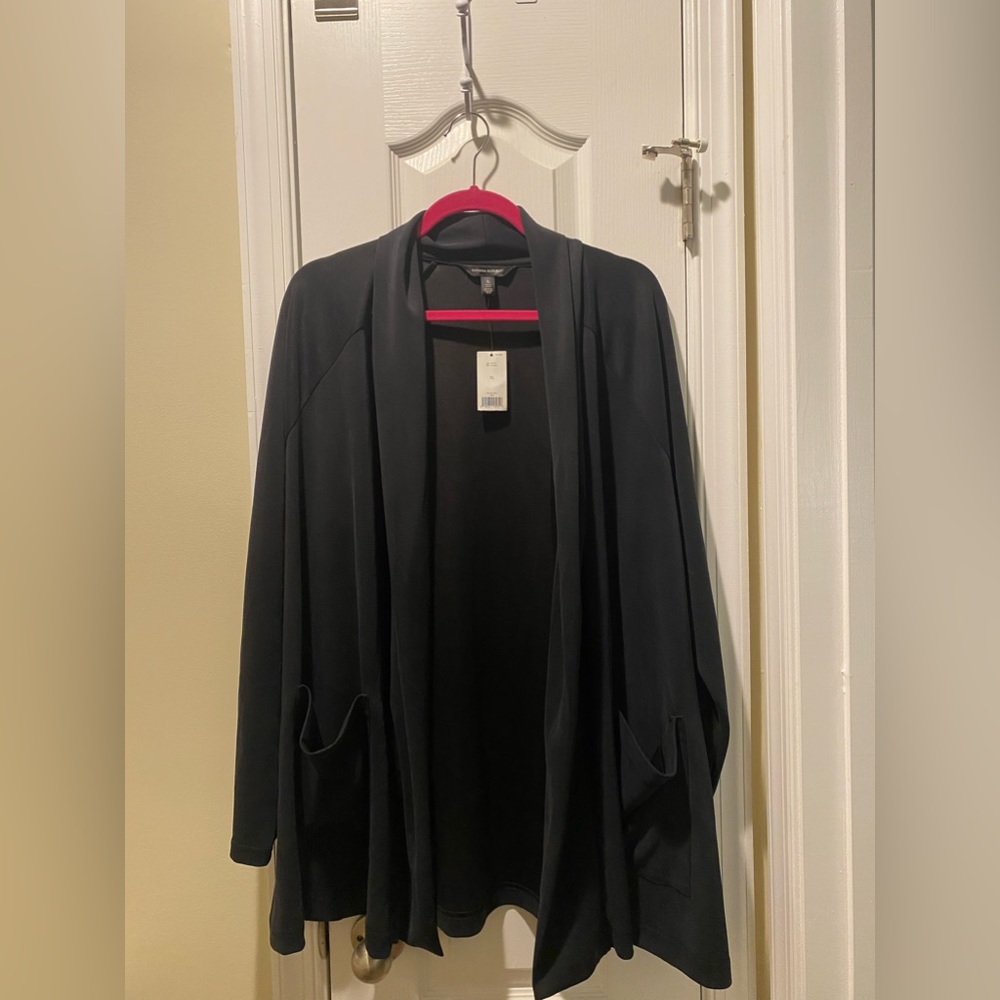 Black shawl cardigan with pockets.